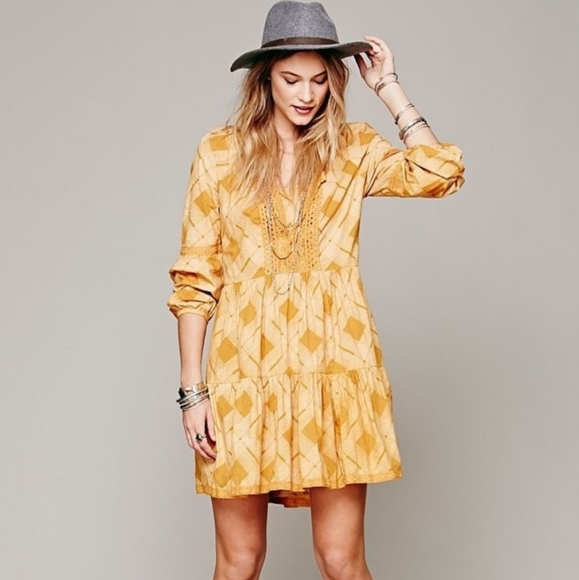Free People Dresses & Skirts - Free People Constantine Dress Gold Plaid Boho Long Sleeve‎